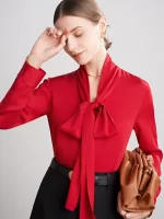SuyaDream Women's Silk Blouse Long Sleeve Bow Collar Office Chic Solid Color Shirt 93% Silk 7% Spandex Spring 2025 - Image 3