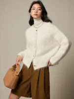 SuyaDream, Women Cardigans, 78%Alpaca, O Neck, Single breasted Solid Sweaters, 2025 Fall Winter Warm Jackets, White, Grey, Pink - Image 2