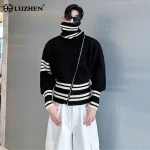 LUZHEN Color Contrast Stripe Original High Quality Stand Neck Knitted Turtleneck Men 2025 Winter Stylish Handsome Sweater JY4428