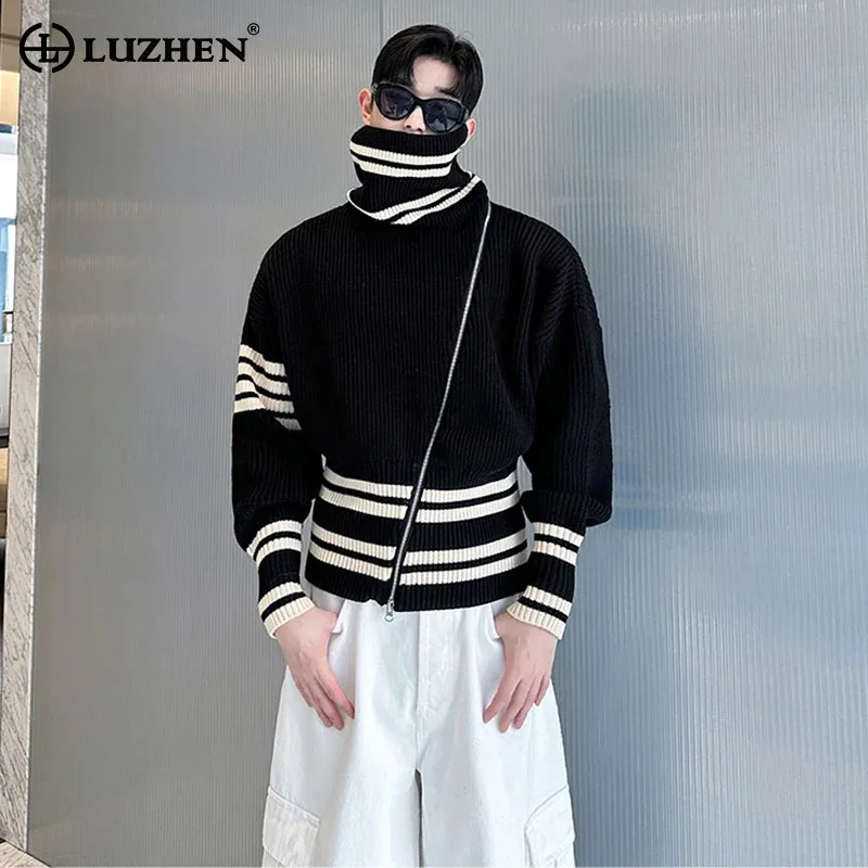 kf-Se5bd93471a93441fbcd89b033ac473d8a LUZHEN Color Contrast Stripe Original High Quality Stand Neck Knitted Turtleneck Men 2025 Winter Stylish Handsome Sweater JY4428 - Image 1