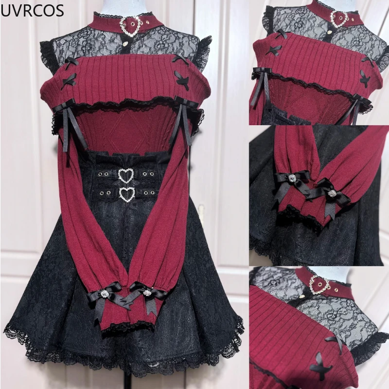 kf-Sf474c3f696ec4e5c97da5ea4e4cdea967 Japanese Fashion Lolita Style Knitted Pullover Autumn Winter Lace Heart Rhinestone Bow Sweaters Female Gothic Knitwear Jumpers - Image 1
