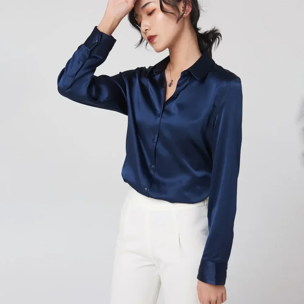 kf-Sf6735cfb1e684043b9e6af27d94c0f60A Woman Silk Shirt Long-sleeved Satin Women Blouse 19mm Mulberry Silk Blouse Loose Versatile Base Shirt 95% Natural Silk+5%Spandex - Image 1