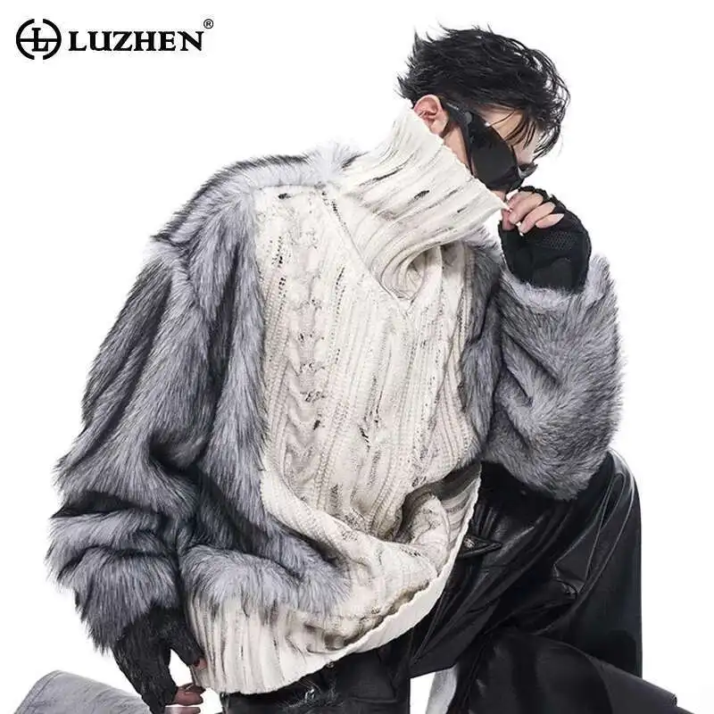 kf-Sfab90e5bda874959b168c43a82ec1147x LUZHEN Imitation Fur Patchwork High Neck Sweater Autumn Winter Thick Velvet Lining Scrawl High End Street Wave Knit Tops LZ8047 - Image 1
